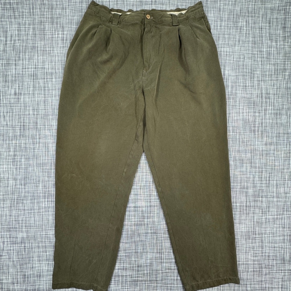 Tommy Bahama Mens Pleated Silk Trousers Olive Green Relaxed Fit Pants Size 38
